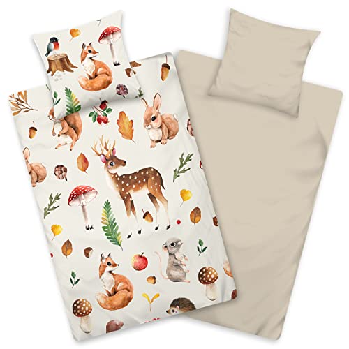 Aminata kids Biber Bettwäsche 135 x 200 Kinder Waldtiere-Motiv Mädchen und Jungen Baumwolle, Reißverschluss, Kinder-Wende-Bettwäsche- Set warm, weich & kuschelig, beige, Flanellbettwäsche