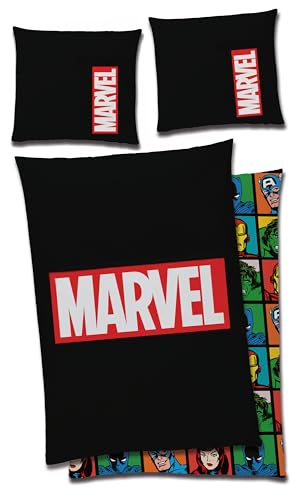 Marvel Bettwäsche Logo 135x200 + 80x80 cm 100% Baumwolle Linon/Renforcé Bettzeug Bettbezug MCU Comics Iron Man Hulk Thor Captain America Spider Man schwarz Reißverschluss