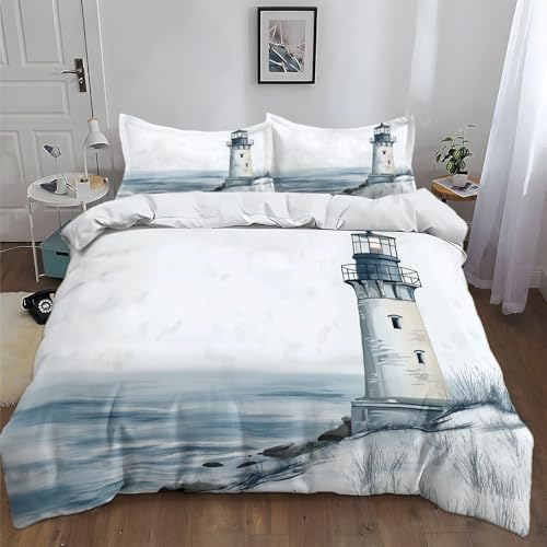 Bettwäsche-Sets 155x220cm Handgezeichneter Ozean-Leuchtturm Bettwäsche 3 Teilig, Weich Atmungsaktiv Polyester-Baumwolle Bettbezug Set mit Reißverschluss, 2 Kissenbezüge 80x80 cm