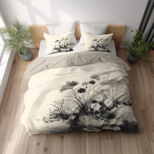 Retro Orientalisch Tuschemalerei Blumen 2 - teilig Wende bettwäsche Premium Qualitãt Weich Beige Aus Mikrofase - Deckenbezug(135 x 200) Mit Reißverschluss - Kuschelig Weich & Bügelfrei