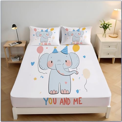 Süßer Elefant Spannbettlaken 135x190x30cm, Graffiti-Stil Bettwäsche Set Mit 2 Kissenbezügen, Tiefer Tasche, 30 cm Spannbetttuch, Hellblau