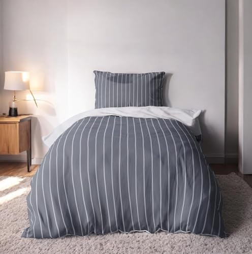 LINKHOFF Biber Bettwäsche 155x220 2tlg. - Wendebettwäsche-Set Grau Anthrazit Unifarben - Nadel-Streifen Muster - 100% Baumwolle - 1x Bettbezug 155x220 + 1x Kissenbezug 80x80