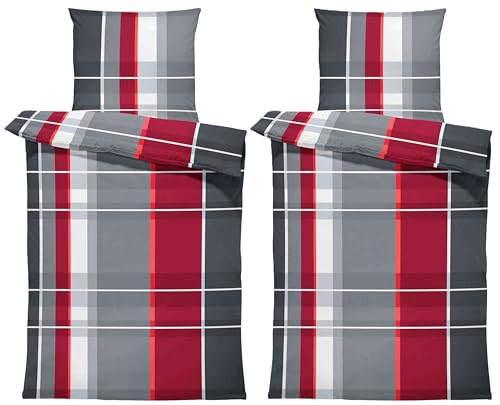 one-home 4 teilig Bettwäsche 135x200 cm kariert gestreift Biber Winter Flanell Baumwolle