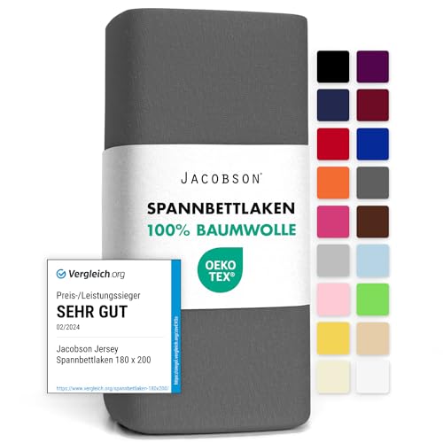 Jacobson Jersey Spannbettlaken Spannbetttuch Baumwolle Bettlaken (180x200-200x200 cm, Anthrazit)