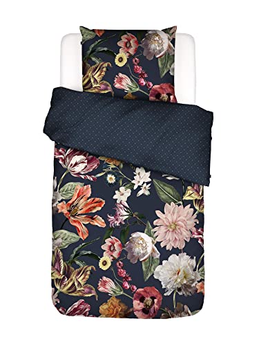 ESSENZA Bettwäsche Filou Blumen Pfingstrosen Tulpen Baumwollsatin Dunkelblau, 155x220 + 1 x 80x80 cm