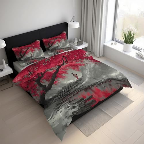 Generisch Japanische Kirschblüten Bettwäsche 200x220cm, Asiatisch Orientalisch Bettwäsche-Sets 3 Teilig, Bettbezug + 2 Kissenbezüge 80x80cm Weich Mikrofaser mit Reißverschluss 21D&-46
