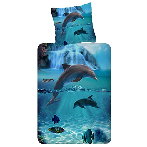 ESPiCO Bettwäsche Trendy Bedding Will Blue Blau Delfine Fische Meer Ozean Wasserfall Renforcé, Größe:135 cm x 200 cm