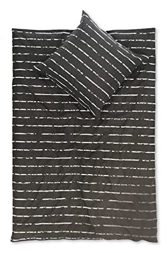 jilda-tex Biber Bettwäsche Modern Stripes 135x200 cm + 80x80 cm 100% Baumwolle Feinbiberbettwäsche Edelflanell (Anthrazit, 135 x 200 cm)