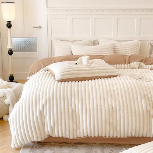 Covebett Plüsch Bettwäsche 135x200 Weiß Braun Winter Warm Shaggy Cashmere Touch Gestreift Plüschbettwäsche Set Flauschig Luxus Felloptik Wende Bettbezug Reißverschluss und Kissenbezug 80x80 cm