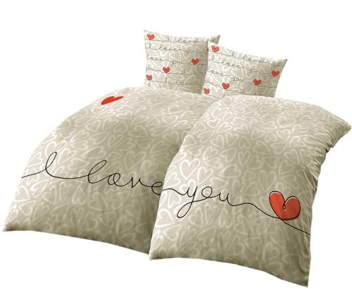 Leonado Vicenti Bettwäsche Set 135x200 cm 80x80 cm 4teilig Partnerbettwäsche Herz Design Love You beige Weiss hautfreundlich pflegeleicht mit Reißverschluss