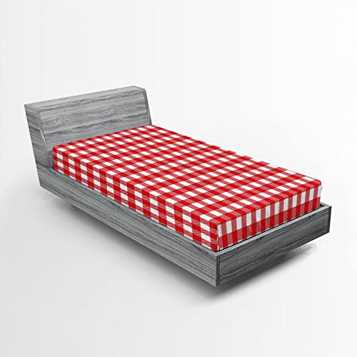 Lunarable Vintage-Spannbetttuch, Vintage-Stil, kariertes Muster, weihnachtlicher inspirierter klassischer traditioneller Druck, weiche dekorative Stoff-Bettwäsche, Doppelbett, Weiß / Rot