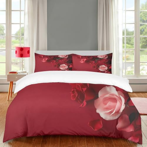 TlevadArt Bettwäsche 3teilig, Mit 2 Kissenbezügen Und 1 Bettbezug, 3D Druck Rote Und Rosa Rosen Muster, Weicher Und Bequemer Stoff, Aesthetic Bettwäsche-Sets