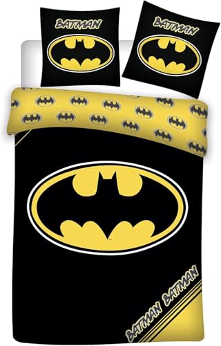BrandMac Batman Bettwäsche-Set für Einzelbett, Bettbezug 140 x 200 cm mit Kissenbezug 60 x 65 cm, 100 % Baumwolle, klassisches schwarz-gelbes Bat-Signal-Design, DC Comics