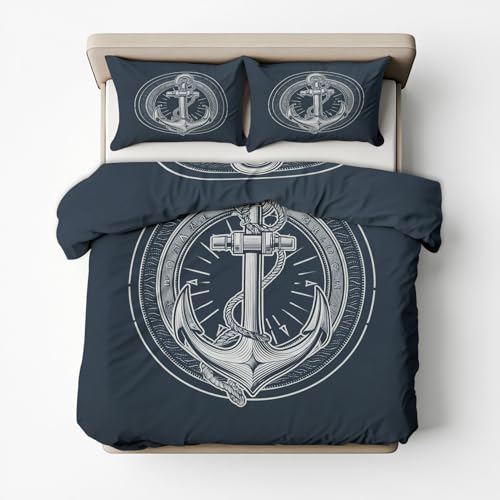 Generisch Mikrofaser Bettwäsche 155x220 Ankermotive 2tlg - Nautisch Maritime Gestreift Wendebettwäsche Deko, Weiche Bügelfreie Bettbezug mit Reißverschluss, 1 Kissenbezug 80x80 AE3063