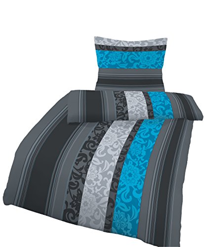 Fein Biber Bettwäsche Garnitur 2tlg. - 155 x 220 cm und 80 x 80 cm - Hergestellt in Deutschland - Feinbiber anthrazit/petrol/Blume