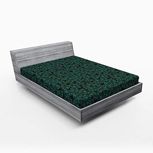 ABAKUHAUS Ethnisch Spannbetttuch, Laub-Muster, Soft Dekorativer Stoff Bettwäsche Rund-um Elastischer Gummizug, 160 x 200 cm, Seal Braun Türkis