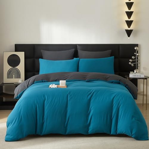 Gezu Baumwolle Bettwäsche Blau Türkis Petrol 220x240cm 3 Teilig Baumwolle Atmungsaktiv Weich Fein Bettwäsche Set Wende Bettwäsche Bettbezug 240x220cm und 2 Kissenbezug 80x80cm mit Reissverschluss