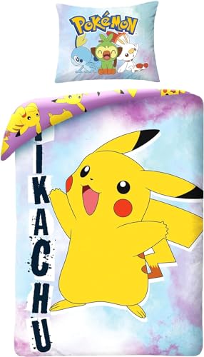 Halantex Bettwäsche Pokemon Pikachu, 100 % Baumwolle, Bettbezug 140 x 200 cm + Kissenbezug 65 x 65 cm, Einzelbett, POK650-65