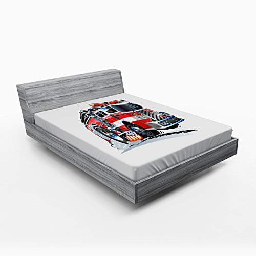 ABAKUHAUS Lastwagen Spannbetttuch, Feuerwehr LKW, Soft Dekorativer Stoff Bettwäsche Rund-um Elastischer Gummizug, 160 x 200 cm, Baby Blue Scarlet