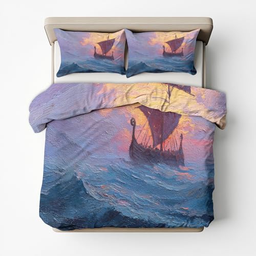 Generisch Wikingerschiff Bettwäsche 135x200, 2teilig - Maritimer Ozean Bettbezug und 1 Kissenbezug 80x80, Wendebettwäsche, Schlafzimmer Deko, mit Reißverschluss SD-1692
