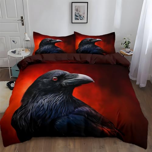 Bettwäsche 200 x 200 cm Surrealistisches Tier Krähe mit roten Augen Bettbezug, Weinrot wendebettwäsche mit Reißverschluss - Weiche Mikrofaser Bettwäsche Set - 3 Teilig Bettbezüge mit 2 Kissenbezüge