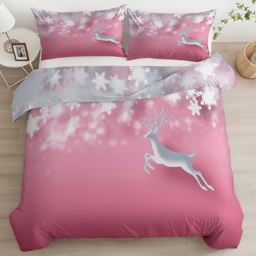CozyRest Bettwäsche Set Einzelbett Wende Atmungsaktive Bettbezug Set, Pink, Weihnachtselemente Schneeflocken und Elch Muster, Flauschige Bettbezug mit Reißverschluss und 40x60cm Kissenbezug