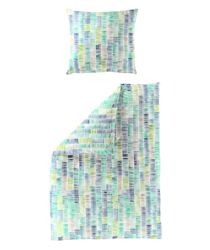 Bierbaum Mako Satin Bettwäsche 2 TLG. 135x200cm Pinselstrich Streifen Türkis Grün Blau Reißverschluss