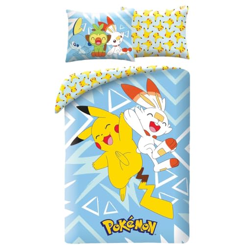 POKEMON PIKACHU und SCORBUNNY – Bettwäsche-Set Bettbezug 140 x 200 cm + Kissenbezug 70 x 90 cm – wendbar – 100 % Polyester – mehrfarbig
