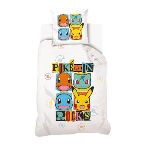 My sweety pop Bettwäsche – 2-teilig – Kinder – Bettbezug – 140 x 200 cm – Kissenbezug – 70 x 90 cm – 100 % Baumwolle (Pokémon – Weiß)