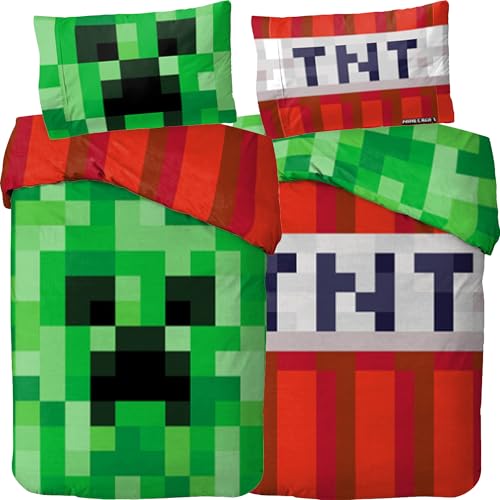 Minecraft Bettwäsche Creeper & TNT 135x200 cm + 80x80 cm 100% Baumwolle Renforcé Linon Wendemotiv Kinder Jungen Mädchen Fanartikel YKK Reißverschluss Gaming Geschenk Set