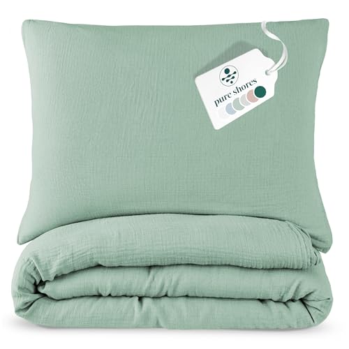 pure shores - Musselin Bettwäsche 135x200 | Bettwäsche 135x200 Baumwolle | Bettwäsche-Sets | 100% Baumwolle mit OEKOTEX | Reißverschluss | Bettwaren | Bedding Set | 1 Kissen 80x80 | Ozean-Grün