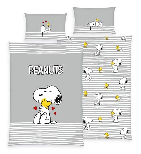 Herding Peanuts Bettwäsche Snoopy & Woodstock 40x60 + 100x135cm, 100% Baumwolle mit Reißverschluss