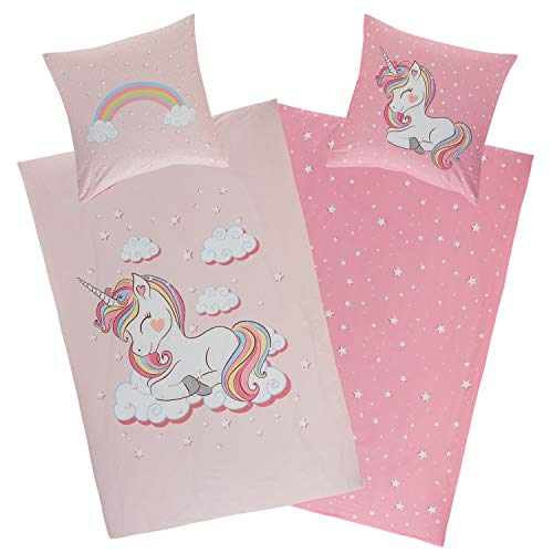 Aminata kids Bettwäsche Einhorn 135x200, 80x80 cm Mädchen Baumwolle rosa mit YKK Reißverschluss - Wende Kinderbettwäsche - Wende-Kinder-Bettwäsche- Set - Regenbogen, Rose - Einhorn-Motiv, Pferde