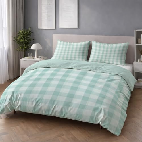 Atmungsaktiv Bettwäsche 200 x 200 - Türkis Bügelfrei Farbbeständig Bettwäsche Sets - Bettbezug(200 x 200)+ Kissenbezüge - Für Allergiker Geeignet Minimalistisch Tartan Klassisch Zart