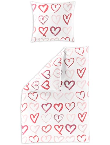 Bierbaum Mako Satin Bettwäsche 2 TLG. 135x200cm Herzen Herz Rosa Offwhite Reißverschluss