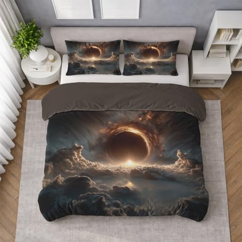 Gold Kuschel Bettwäsche 180 x 200 cm - Weltraum Galaxie Schwarzes Loch Dramatisch Pflegeleichten Mikrofaser Langlebig Hochwertige Verarbeitung Bettbezug mit 2 Kissenbezüge für Kinder Jungen Mädchen