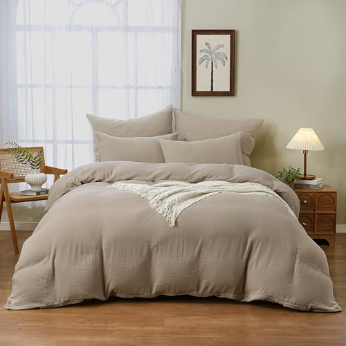 TOCOMOA Musselin Bettwäsche 135x200 Baumwolle 6teilig, Beige Leinenartiger 2 Bettwäsche-Sets mit 2 Kissenbezug 80x80 cm und 2 Kissenbezüge 40x80cm, Oeko-TEX Bettbezug mit Reißverschluss