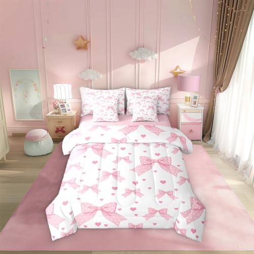 7-teiliges Bettwäsche-Set mit Kawaii-Schleife, Traumhafte Schleife, Prinzessinnenschloss, Bettwäsche-Set für Mädchen und Frauen, geometrische Punkte, Schleife, Herz (Bettdecke + Spannbetttuch + 2