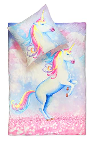 jilda-tex Kuschelbettwäsche Bettwäsche 135x200 cm + 80x80 cm Sparkle Unicorn Einhornbettwäsche