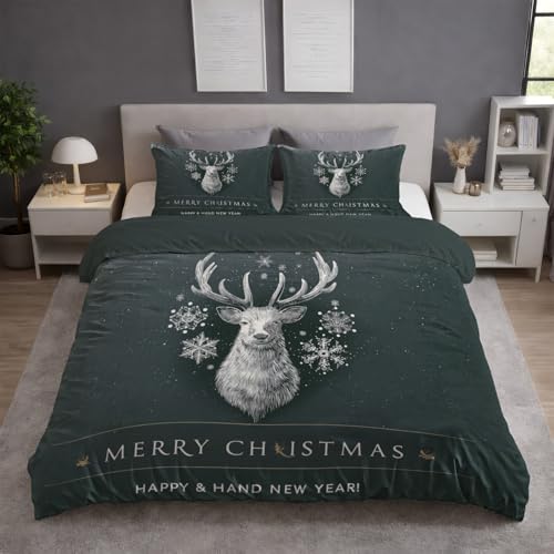 Generisch Bettwäsche 155x220 Set - Mikrofaser Bettbezug 155x220 cm mit 2 Kissenbezug 80x80 cm, Wendebettwäsche, ultraweich und hautfreundlich, Dunkelgrau, Weihnachten Schneeflocken Hirsch