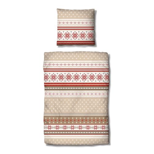 Traumschlaf Biber Bettwäsche Schneeflocken rot – warme & kuschelig weiche Winterbettwäsche aus 100% Baumwolle – wärmend, hautsympathisch & im weihnachtlichen Design – 135x200 cm + 80x80 cm