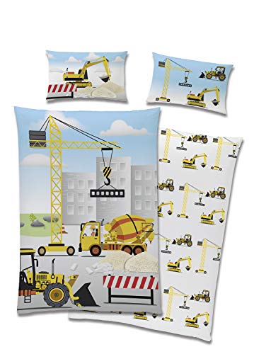 Süße Kleinkind-Bettwäsche mit Wende-Motiv Baustelle · Bettbezug 100x135 cm Kopfkissenbezug 40x60 cm · Baby-Bettwäsche aus 100% Baumwolle mit BAU-Maschinen