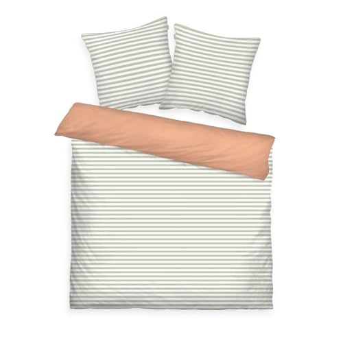 TOM TAILOR Perkal-Bettwäsche, 2*80x80 + 200x220 cm, 100% Baumwolle/Perkal, Wendemotiv, farbige Paspel am Kissen und Reißverschluss, STRIPES WITH A KICK Hellgrün, Pfirsich (Green Leaf & Juicy Peach)