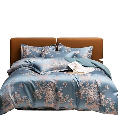 SUBLXPoten Seidenbettwäsche Set 3-4-teiliges Bettwäscheset aus Satin-Jacquard, Bettbezug-Set, 150 x 200 cm, Bettbezug 1, Laken, Kissenbezug 1/2, zufälliger Musterschnitt(Deep Blue,150x200cm3PCS)