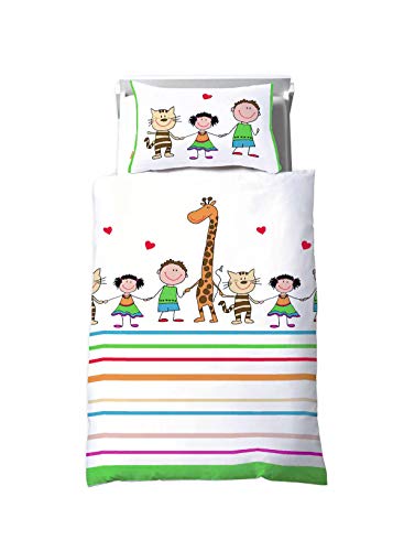 Fleuresse Dream Art Kids, Renforce-Kinder-Bettwäsc he, fröhliches Kindermotiv mit Giraffen und Katzen, Hand in Hand, gestreifte Bettwäsche, weiß/bunt, 100 x 135 cm inkl. 40 x 60 cm Kissen