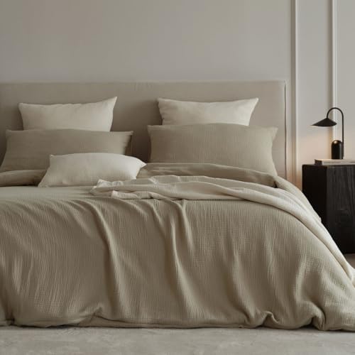 Sedefen Doppelte Musselin Bettwäsche 220x240 Baumwolle,Beige Bettwäsche Sets ÖKO-TEX Bettwäsche mit Reißverschluss,Bettbezug mit 2 Kissenbezüge 80x80 cm