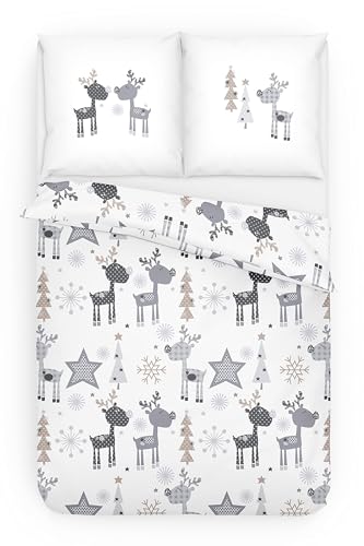 Träumschön Biber Bettwäsche 155x220 Winter - Rentier Bettwäsche 155x220 - Weisse Weihnachts Bettwäsche 155x220-100% Baumwolle