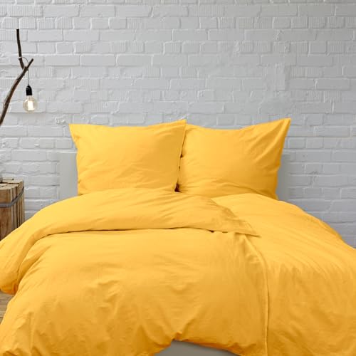 Hans-Textil-Shop Bettwäsche Uni Baumwolle - Einfarbig, Reißverschluss, Baumwollbettwäsche, Bettwäscheset, Bettbezug, Kissenbezug (Gelb, 140x200 + 70x90 cm)