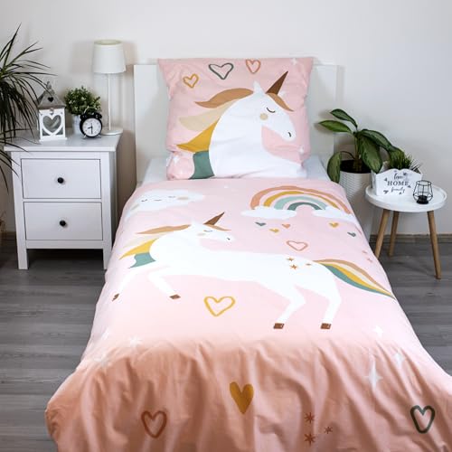 Theonoi Set 2 teilig Kinder Bettwäsche Bettbezug Wendebettwäsche 135x200 80x80 Baumwolle Kinderbettwäsche Öko-Tex Deutsche Standardgröße pink rosa Einhorn Wolken Sterne Regenbogen (Unicorn)