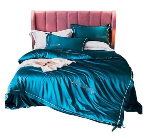 QTANZIQI Moderne Quiltabdeckung Seidenbettwäsche Sets Duvet Cover Doppel -Satin Weich 4 -Stück -Bettdecke Abdeckungsset für Erwachsene Flachblatt Bettwäsche Bettwäsche (Farbe: Blau, Größe: 1,5/1,8 m